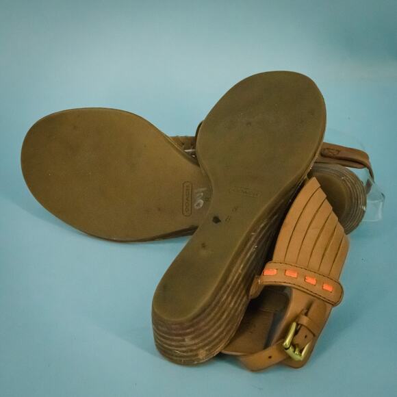Coach Size 8 Brown Tan Leather Orange Ankle Strap Buckle Thong Flip Flop Sandals - Picture 5 of 7